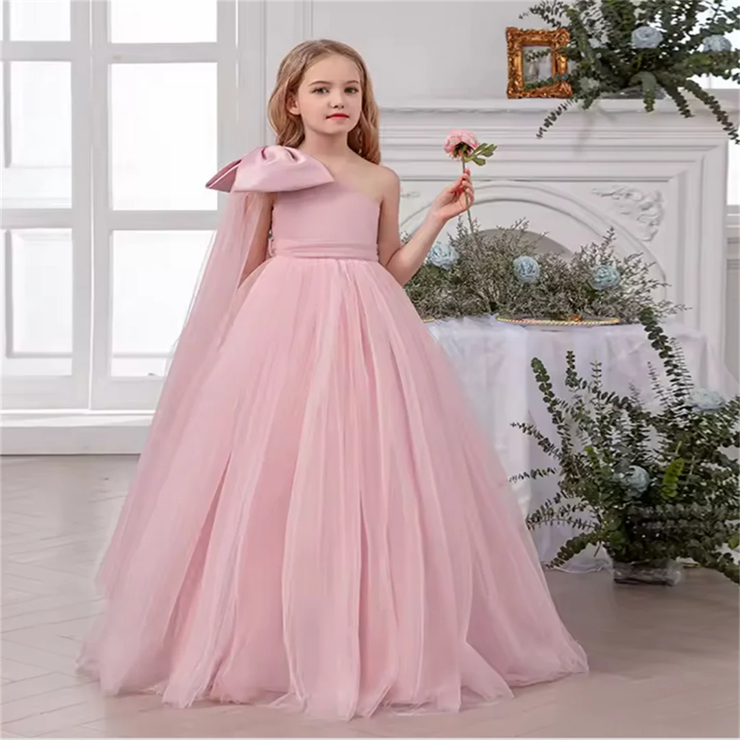 Vestidos de fiesta personalizados para niñas, vestido de fiesta de boda, vestidos rosas con lazo grande, vestido de princesa para niñas, vestido ceremonial para niñas