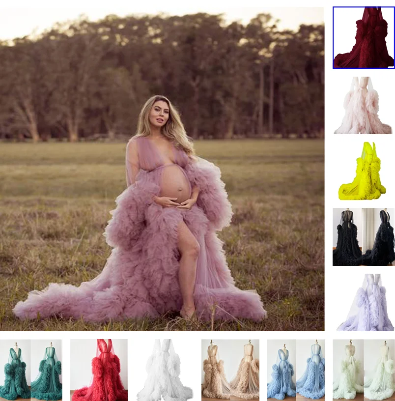 Unique Mother\'s Dresses Long Sleeves Tulle Maternity Robes Photoshoot Prom Gowns Fluffy Tiered Tulle Robe Formal Party Dress
