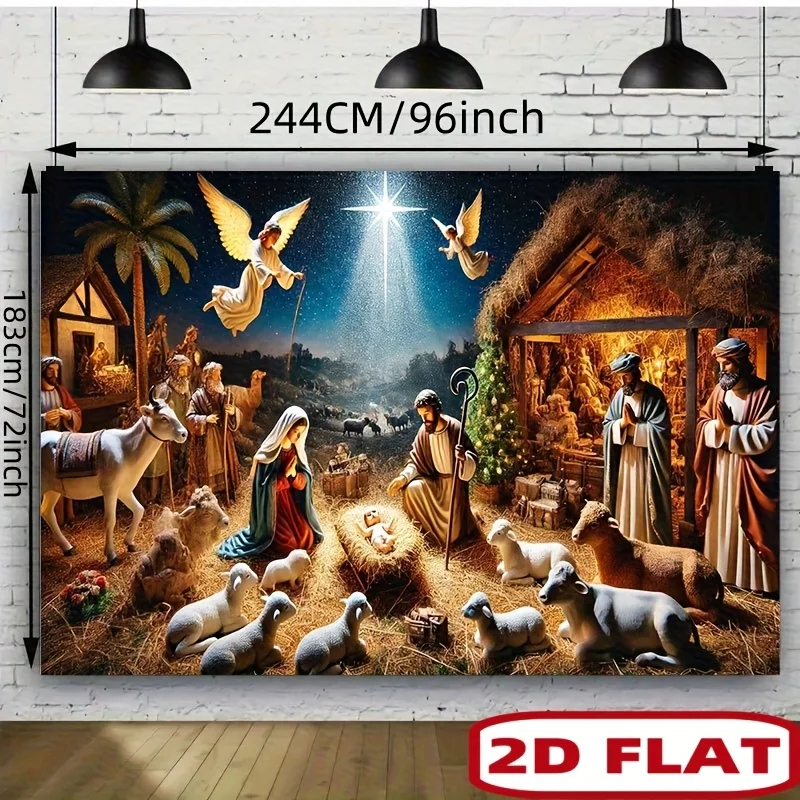 Christmas Nativity Scene Tapestry,Starry Night with Stable and Animals,Wall Art for Holiday Home Decor and Religious Celebration