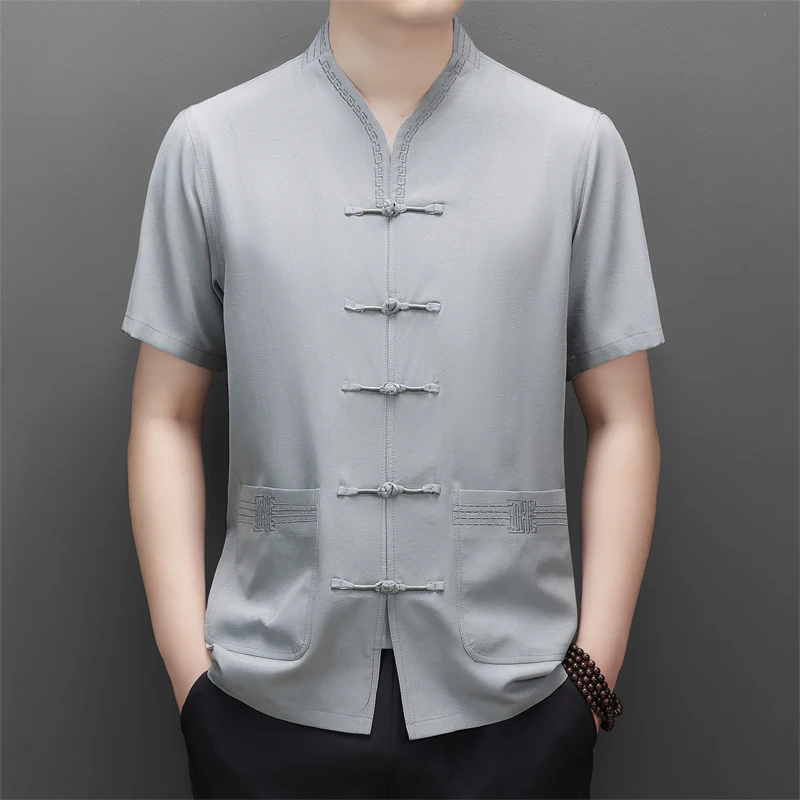 Embroidery Luxury Silky Shirts For Men Short Sleeve Tang Costume Summer Quality Smooth Comfortable Casual Frog Camisas De Hombre