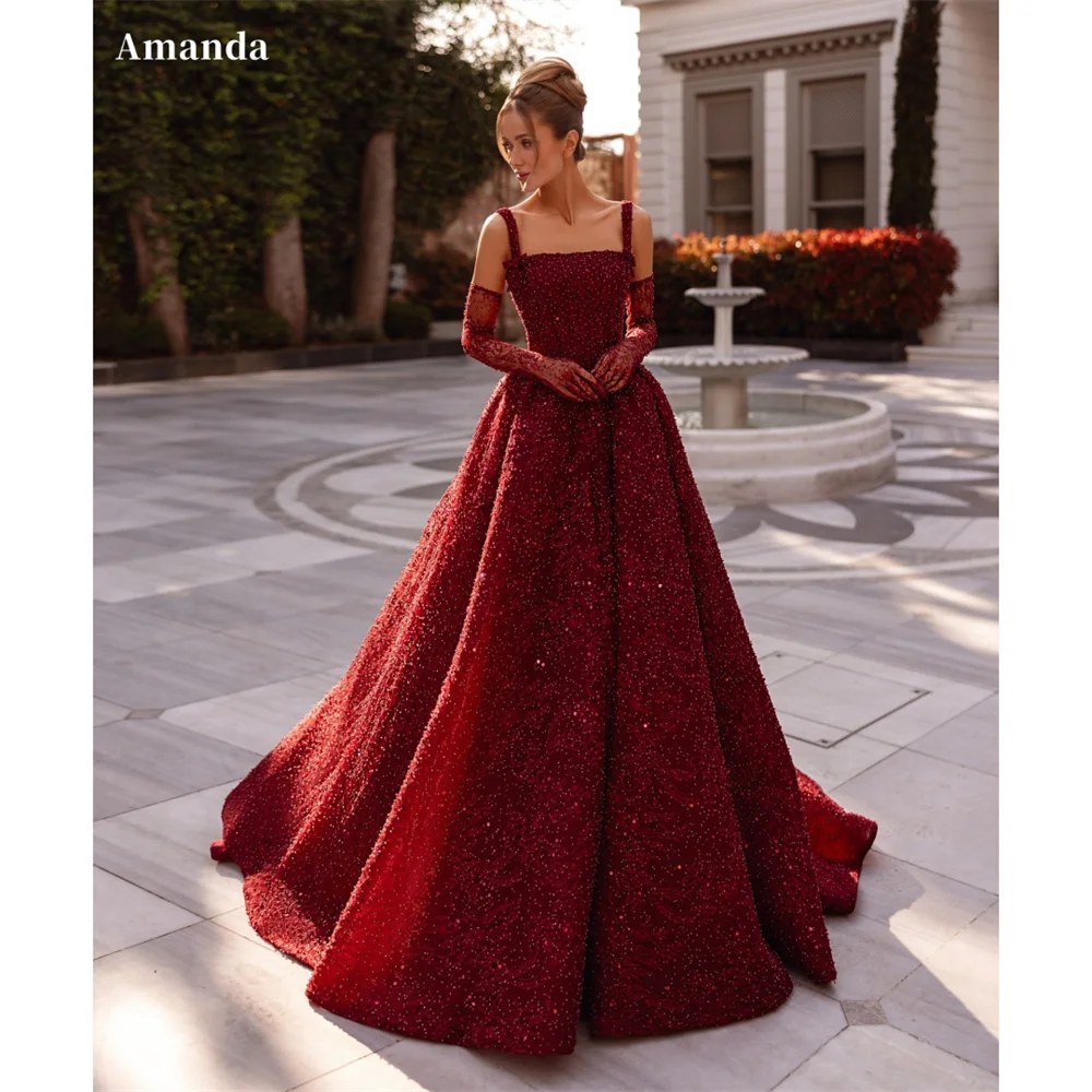 

Amanda Customized Burgundy A-Line Embroidery Prom Dress Beaded Square Collar vestidos de noche Detachable Sleeves Formal Evening