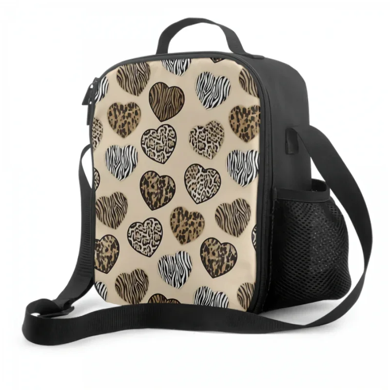 Sacos térmicos isolados do almoço para meninos e meninas, recipiente lavável do almoço do tote para o curso, cópia da zebra do leopardo, padrão das formas do coração