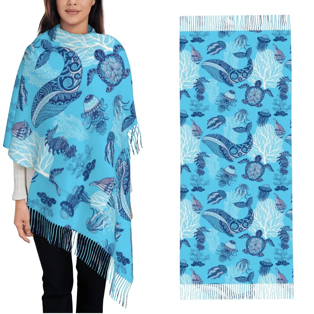 Sea Animal Mandala Style Shawls Wraps for Womens Winter Large Scarf Mandalas Whale Jellyfishes Turtle Pashminas Shawl Scarves