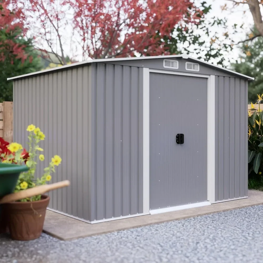 6Ft x 8Ft Outdoor Metal Storage Shed, Garden Shed Tool House with Lockable Double Doors & Vents