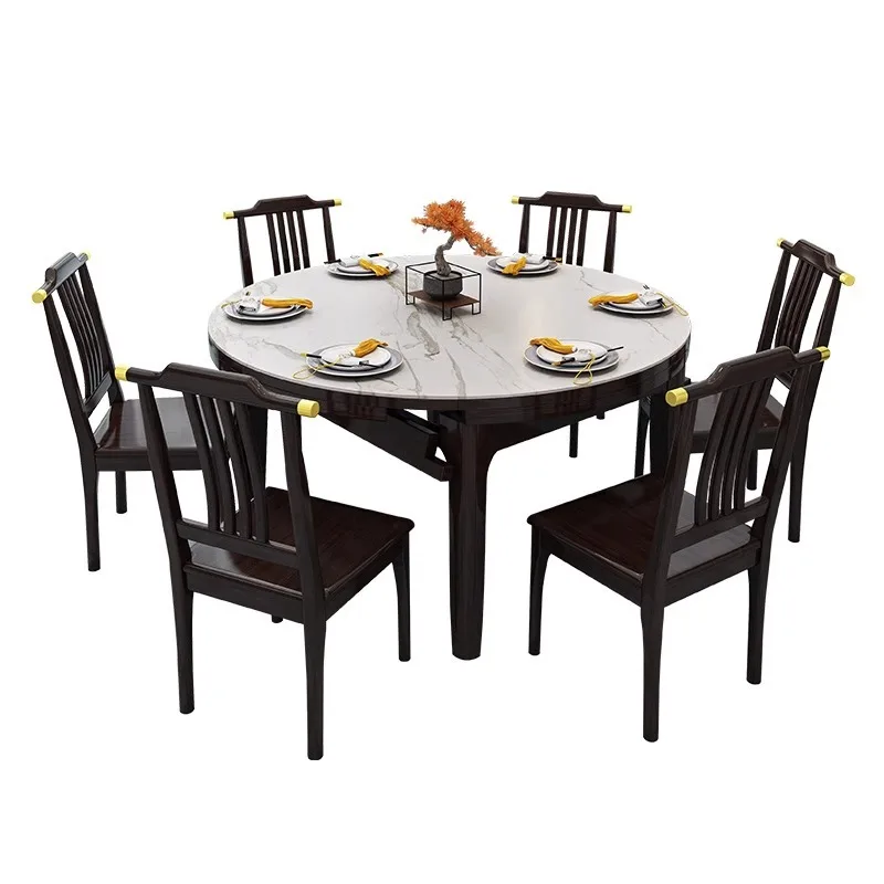 New Chinese rock slab dining table, small apartment solid wood dining table and chair combination, telescopic folding variable