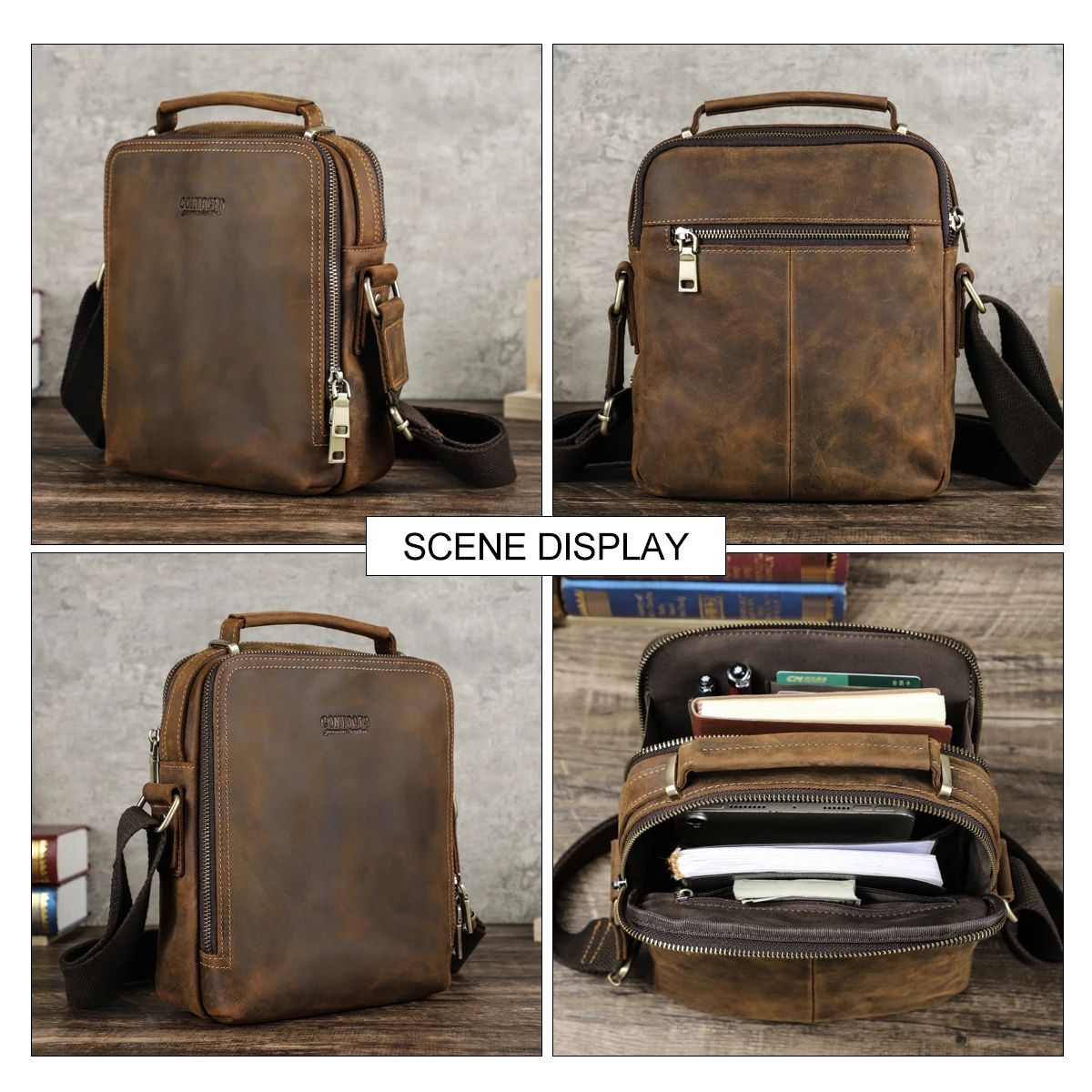 CONTACT\'S Genuine Leather Men Sling Shoulder Bags Crazy Horse Leather Messenger Crossbody Bag Tote Travel Bag for 8.3\