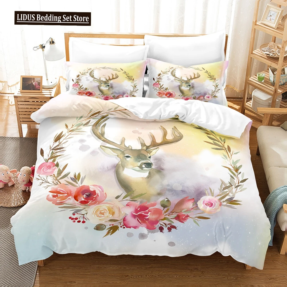 

Elk Duvet Cover Set 3D Print Cartoon Elk Colourful Background Flowers Leaves King Size For Kids Boys Girl Polyester Bedding Set