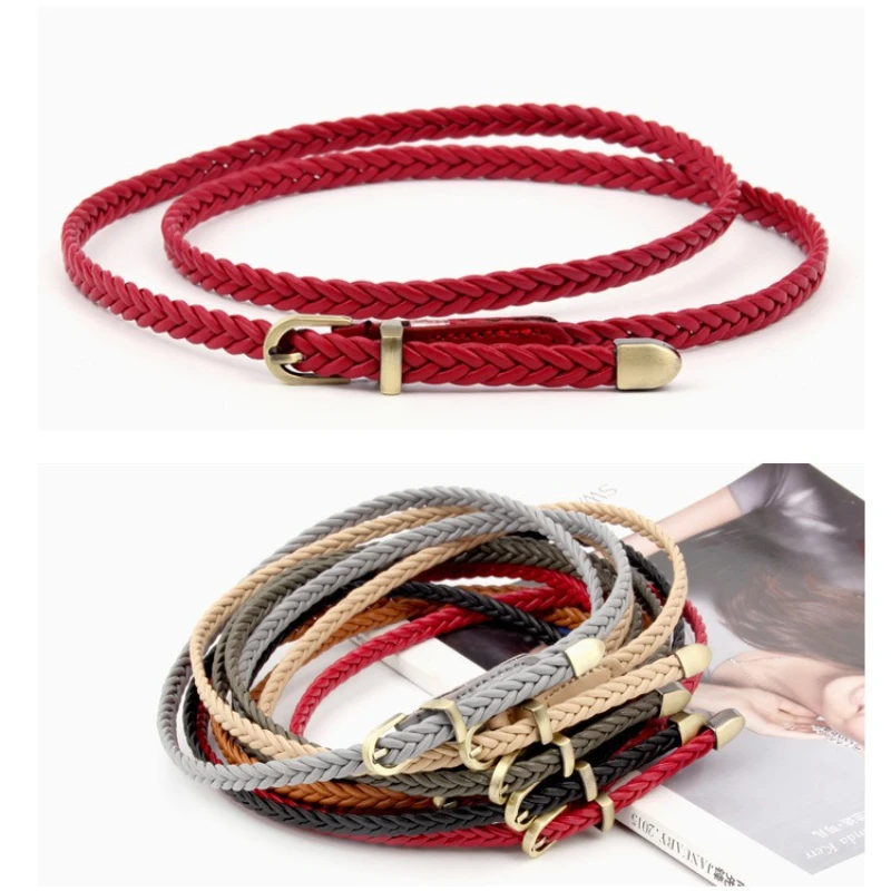 Leather Braided Thin Belt for Women Dress Shirt Decorative Girdles Strap Fashion Pin Buckle Female Waistband Ladies Waist Rope