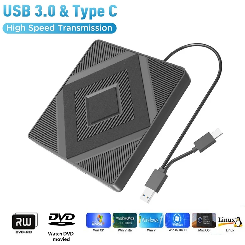Lecteur CD/DVD externe USB 3.0 Type C Max 24X CD 8X, graveur de disque DVD, graveur pour Mac OS Linux Windows 11/ 10/ 8/ 7/ XP