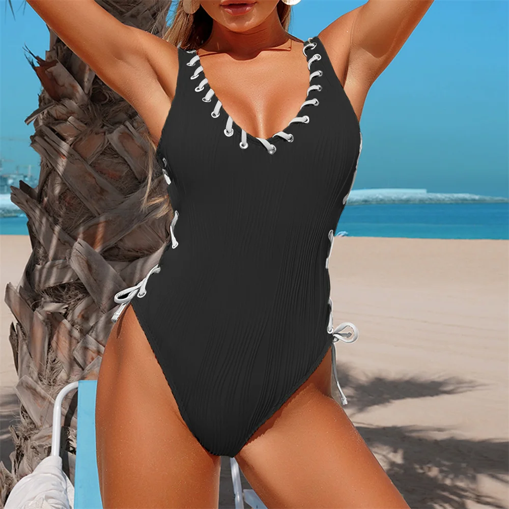 Sexy Seite Kordelzug Hohl Bikini Perforierte Badeanzug Frauen Urlaub Bademode einteiliges Set Bandage Strand Outfits Badeanzug