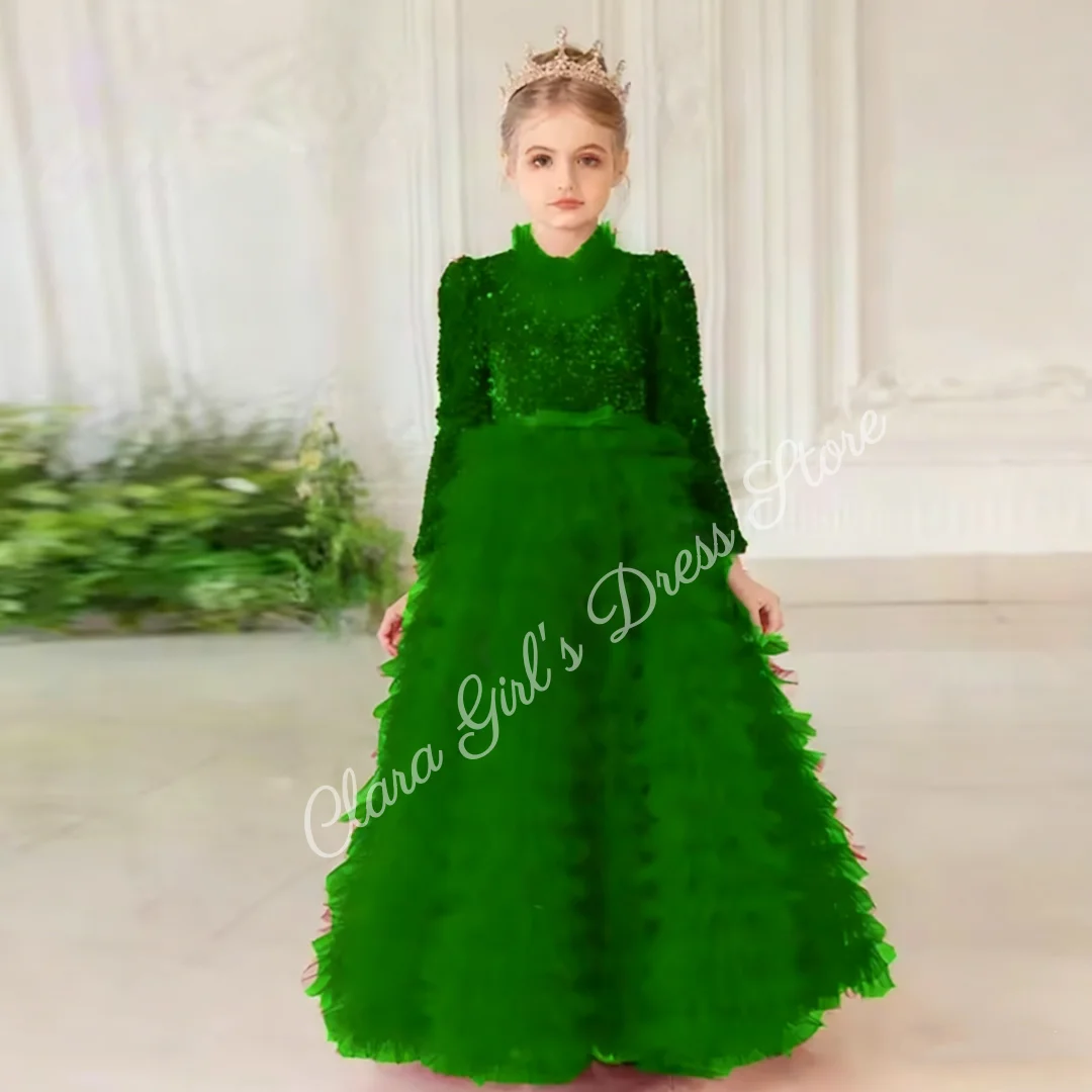 Элегантное свадебное платье с высоким воротом и пайетками, длинными рукавами, тюлевая юбка, детское праздничное платье для причастия и бала на заказ