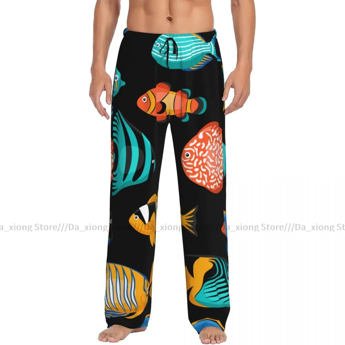 Calça longa pijama casual masculina, cintura elástica solta, peixe tropical, roupa de dormir aconchegante, calça lounge em casa