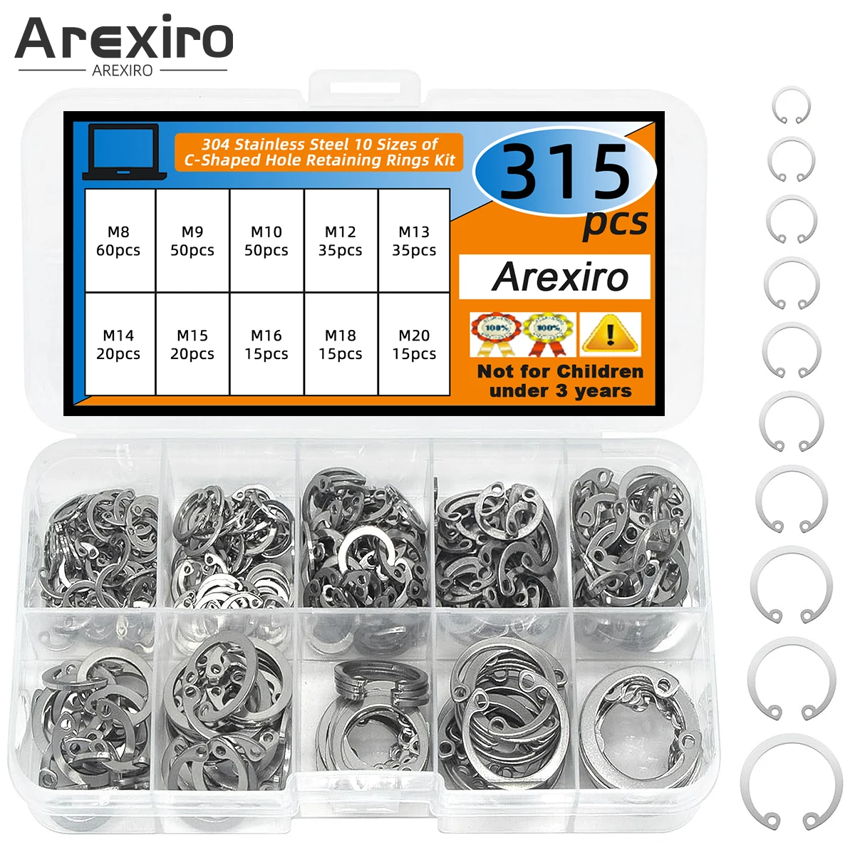 

315Pcs 304 Stainless Steel Fixing Ring C-Clip M8 M10 M12 M14 M16 M18 M20 Internal Buckle Kit Suitable For Groove Shaft and Bolt