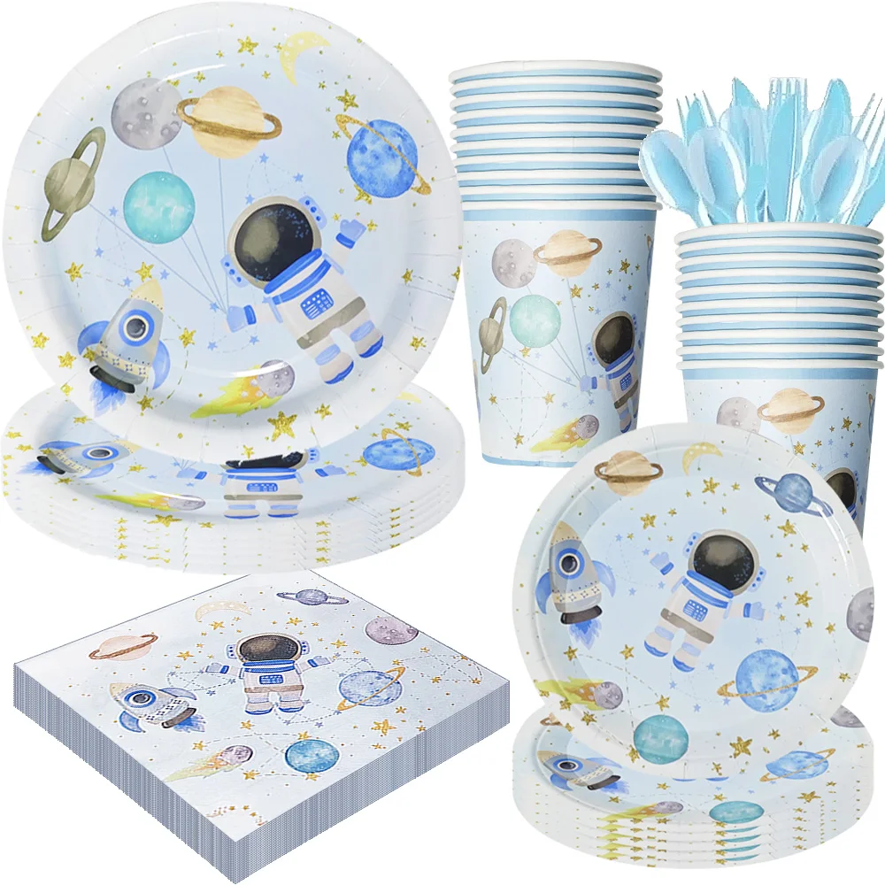 Space Birthday Decorations Tableware Plates Napkin Cup Boys Baby Shower Galaxy Space Astronauts Theme Party Decorations