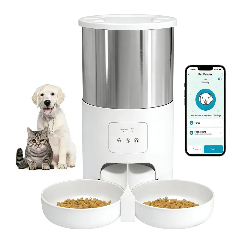 4,5L WLAN-Tierfutterspender Automatischer Katzenfutterspender mit Edelstahlschalen APP-Fernbedienung für Katzen und Hunde (ohne 5V 1A Stecker)
