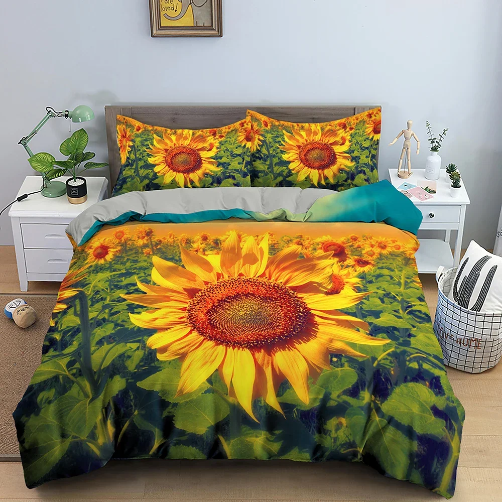 3D Sunflower King Queen Duvet Cover Yellow Flowers Bedding Set  Floral Green Leaves Comforter Cover 2/3pcs Polyester Quilt Cover