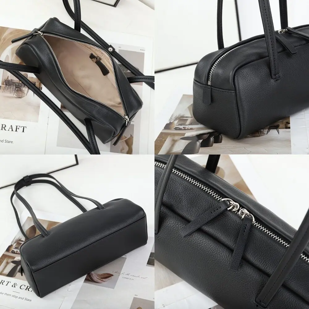 Mendy Genuine Leather Boston Bag Women Litchi Grain Zipper Top Double Handle Detachable Strap Luxury Designer Vintage Original