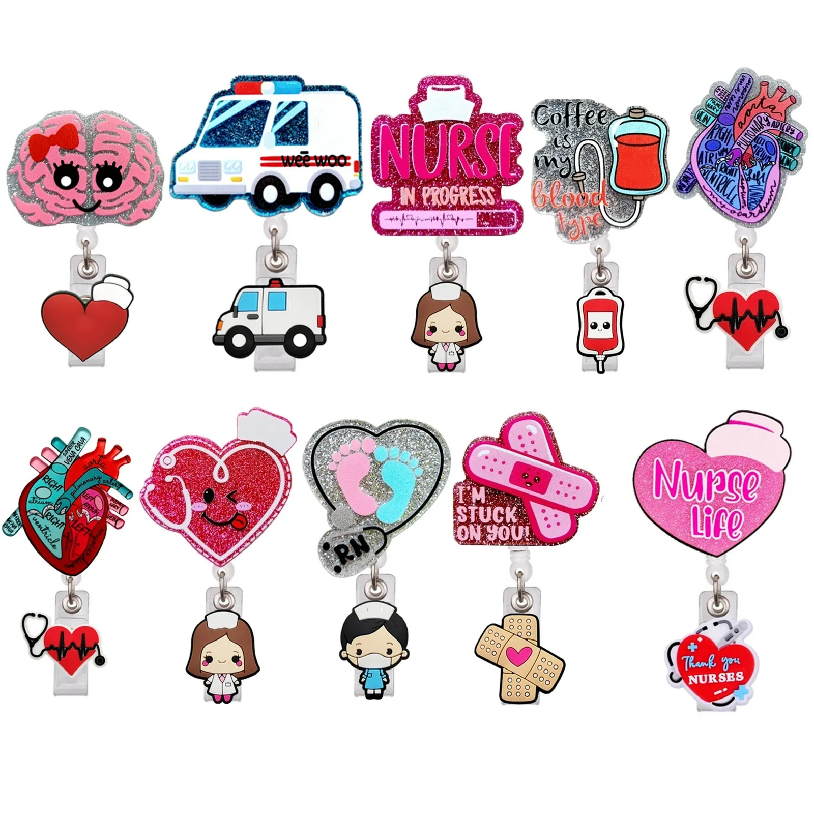 

Acrylic Retractable Badge Reel Glitter Pill Heart Rotatable Crocodile Clip Id Badge Holder For Doctor Nurse