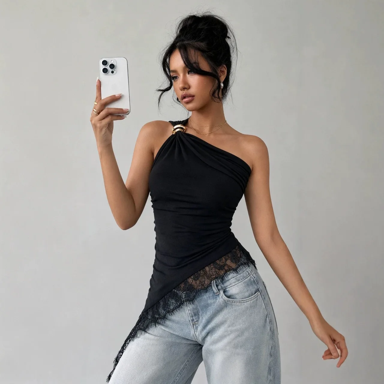 YAMINIYA SummerNewSpice Girl Wind Slanted Shoulder Lace Splicing Irregular Hem Metal Buckle Single Shoulder Sleeveless VestWomen