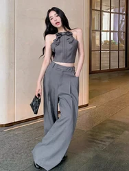 Summer Korean Spice Girls Suit Women 2024 New Grey Sexy Bow Vest + Casual Blazer pantaloni a gamba larga elegante pendolarismo Set da 2 pezzi marea