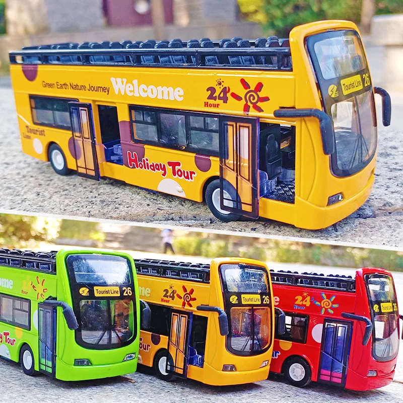 

1:32 alloy sightseeing tour double-decker bus model light music pull back electric car toy children's birthday gift