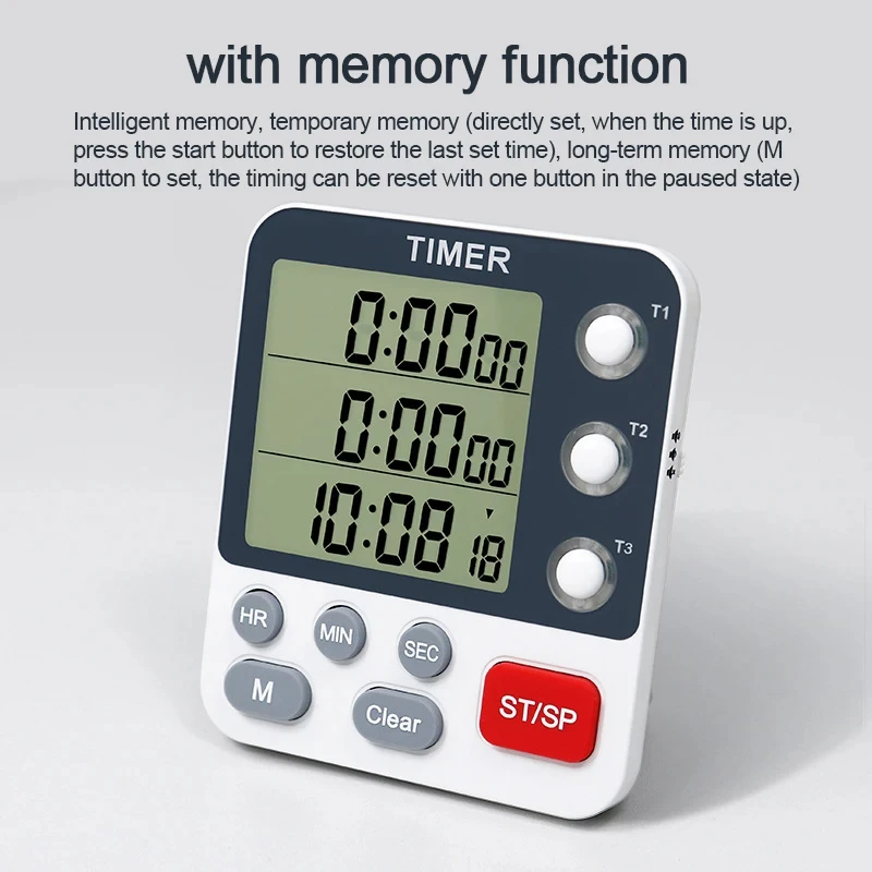 3 Channels Digital Kitchen Timer Count UP/Down Timer Adjustable 3 Levels Volume Alarm Clock LCD Display Mute Flashing Timer