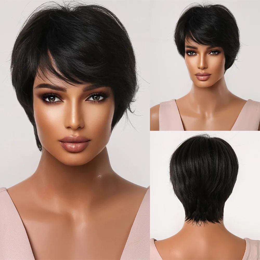 Short Brown Highlight Wig for Women, Pixie Cut