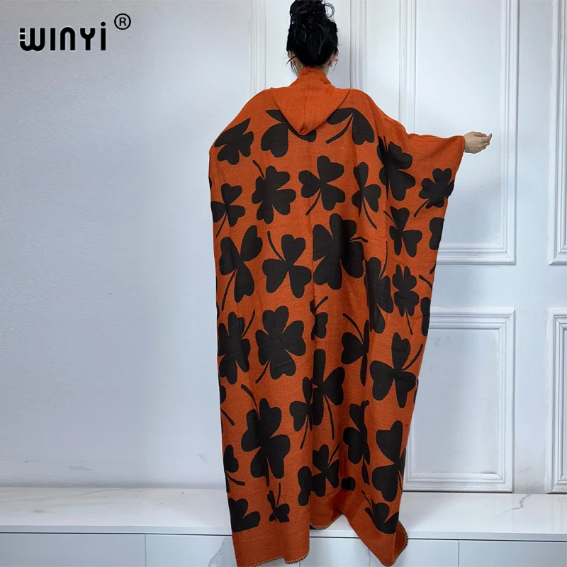WINYI Winter African Hooded loose cardigan Female abaya outfits for women coat Open Front Kimonos long down poncho maxi dress