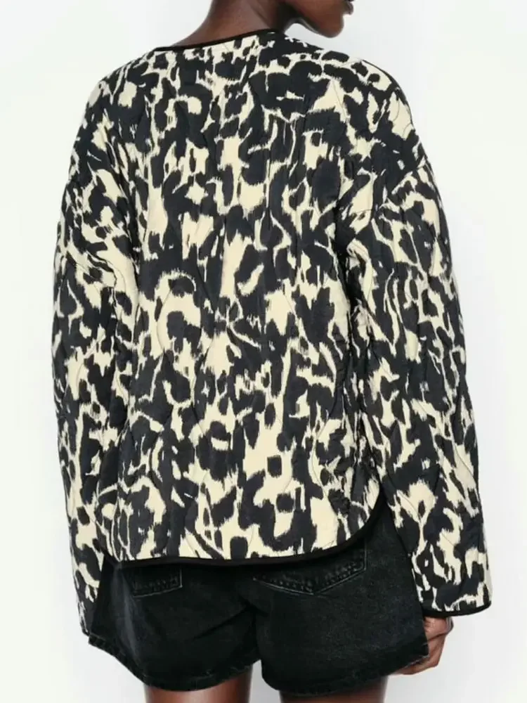 2025 New Spring Autumn Women's Vintage O-neck Print Padded Bomber Coats Female Elegant Thin Light Parkas Jackets Women