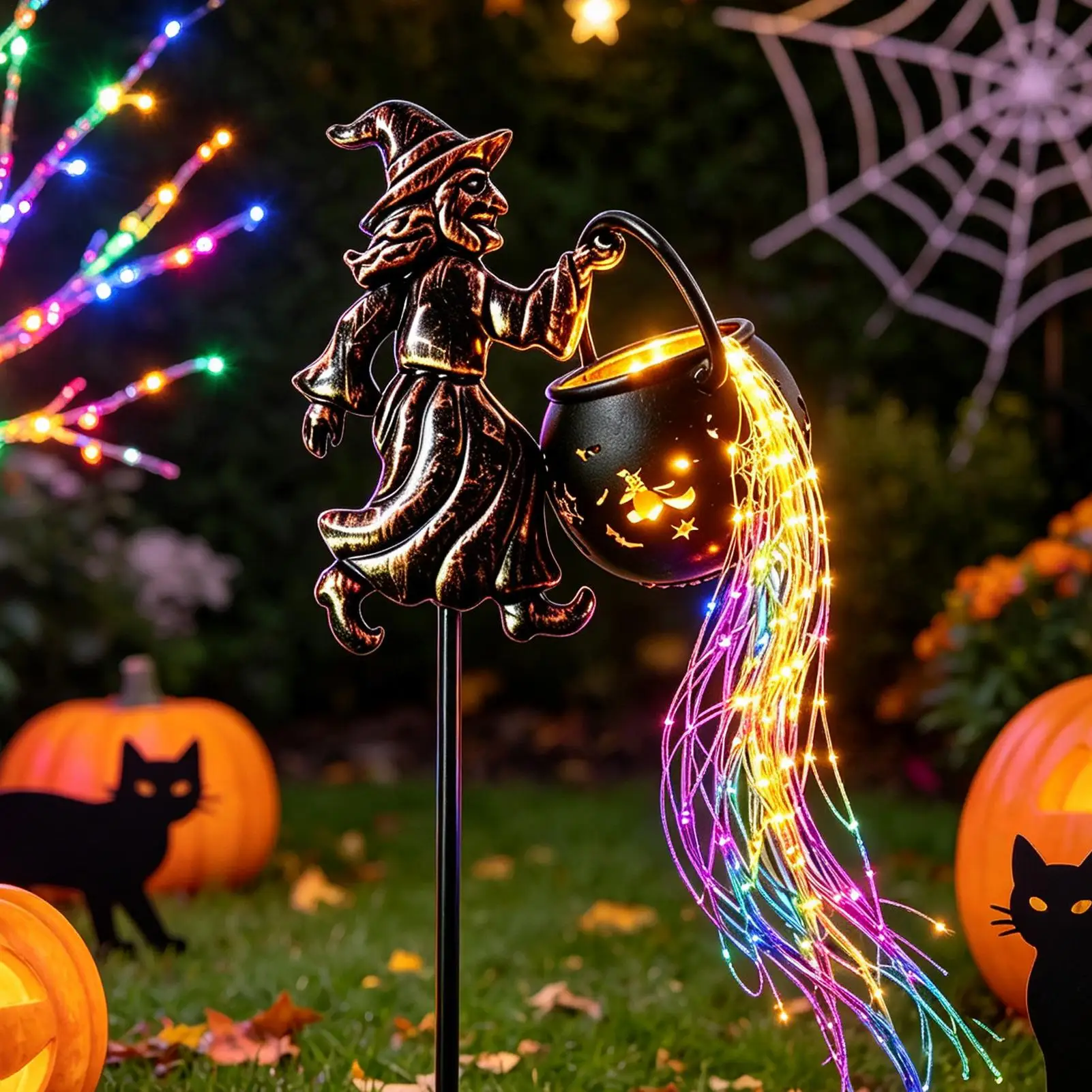 Flying Gnome Cauldron Garden Light LED String Light Halloween Outdoor Decorations Whimsical Gnome Statue, Patio Yard Art