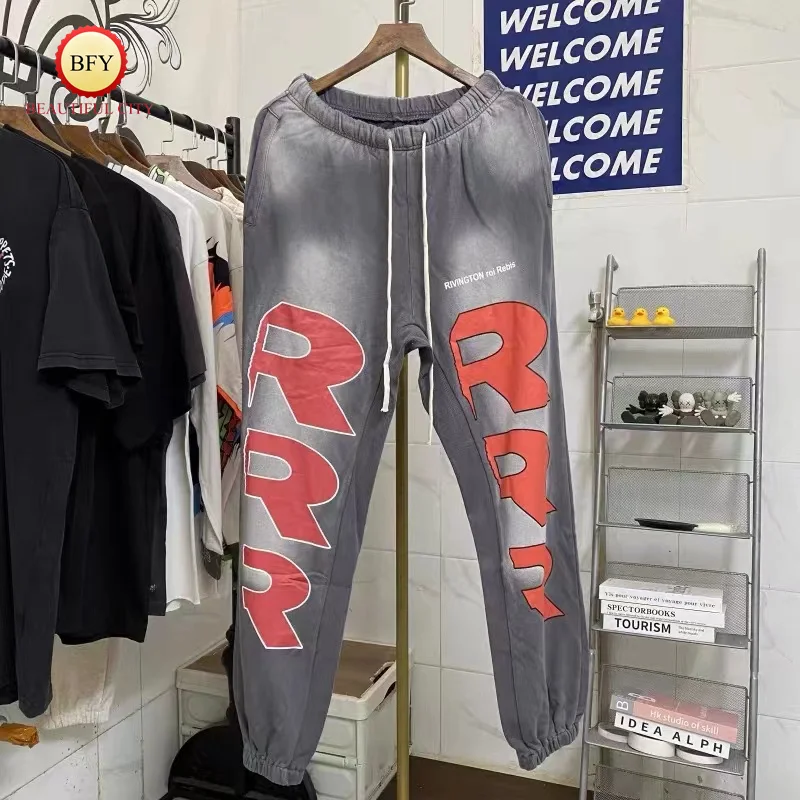 24ss Almond Grey RRR123 Print RRR Sweatpants High Quality Tie-dye Vintage Drawstring Mens Womens Drawstring Sweatpants