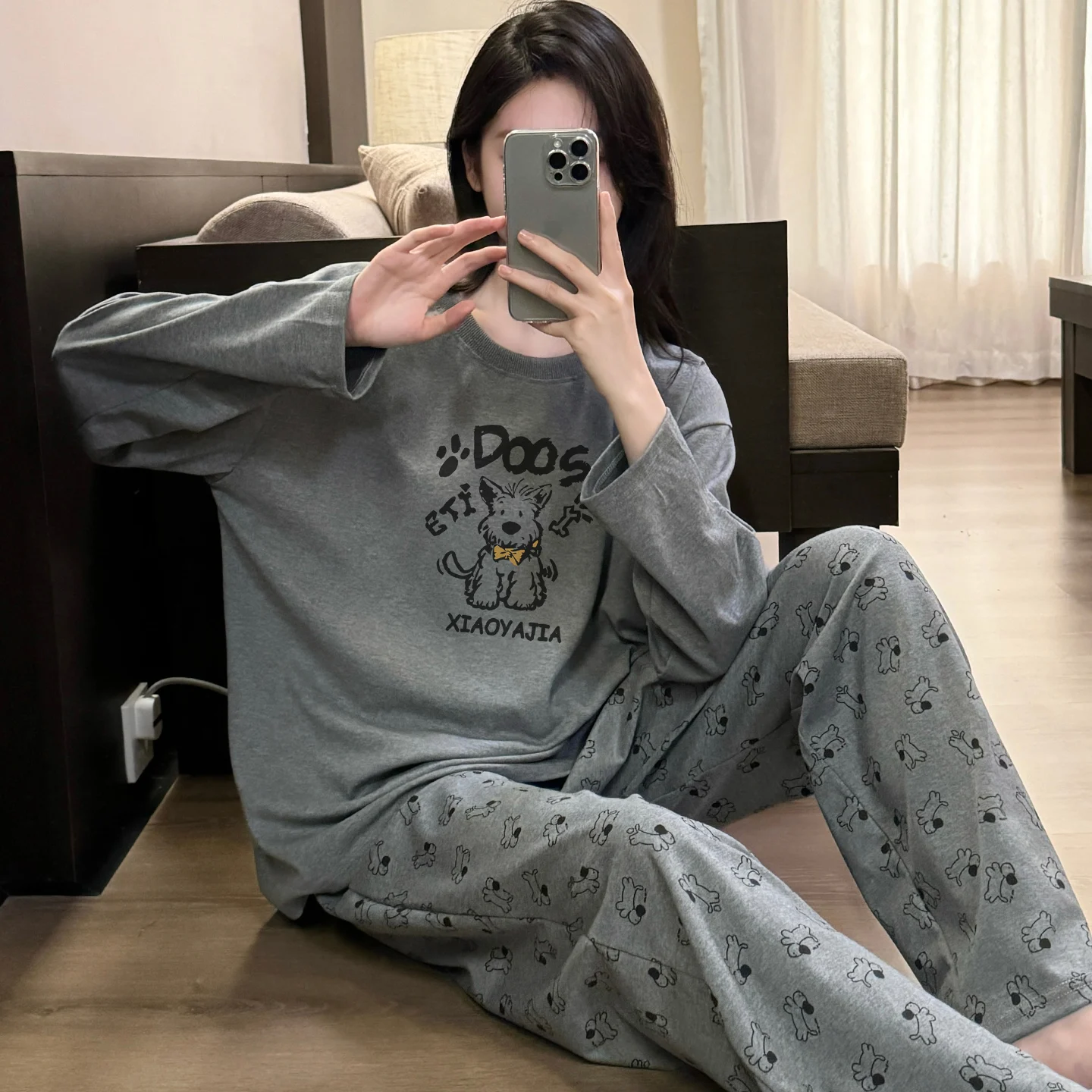 

2025 New Women's Cotton Pajamas Long Sleeve round Neck Home Clothes Set Thin Autumn Winter Dog Print Sleepwear Casual Outfit