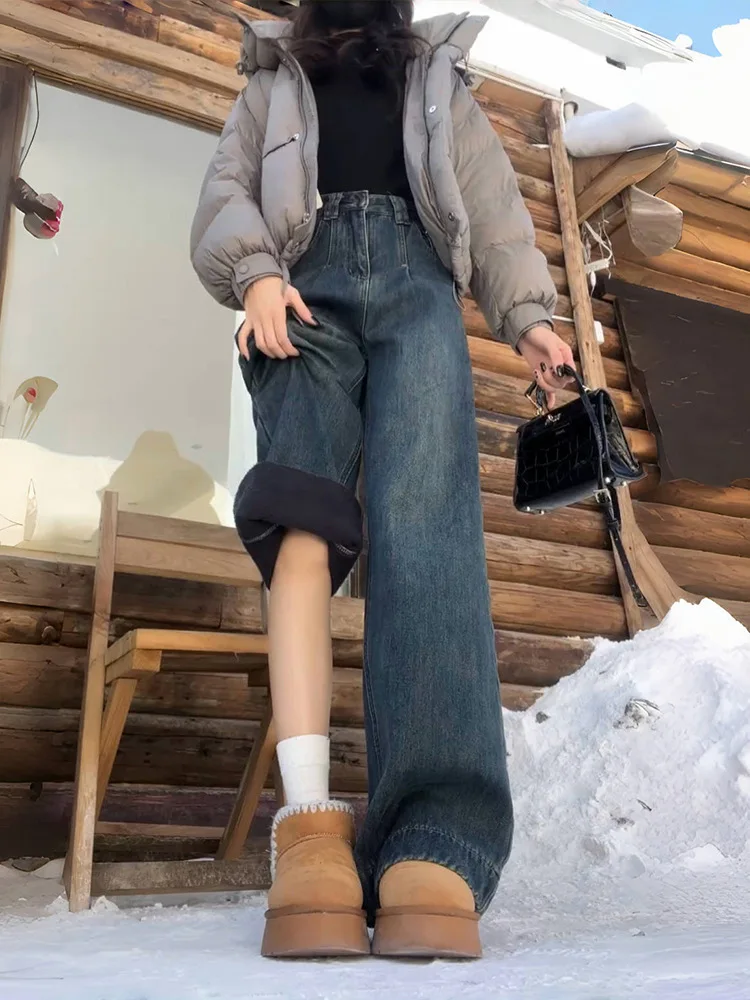 

Женские расклешенные джинсы больших размеров, осень-зима 2022, утягивающие широкие брюки в стиле ретро с высокой талией, теплые утолщенные повседневные свободные брюки