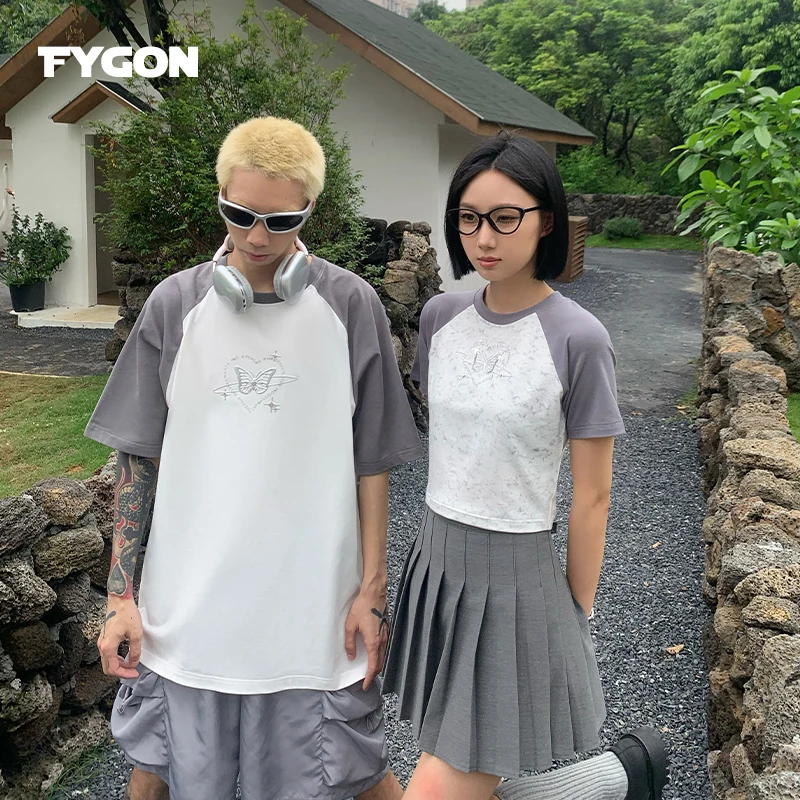 Fygon Raglan Sleeve Brand Top T-shirt for Men and Women Hot Silver Printed Oversized T-shirt Street Casual Style