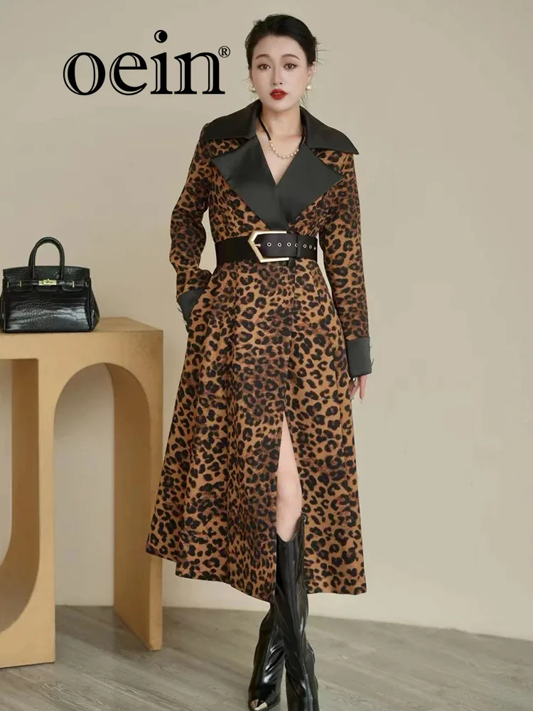 [oein] 2024 Women High End European Style Leopard Print Trench Autumn/winter Suit Collar Hanging Velvet Slimming Long Sleeved