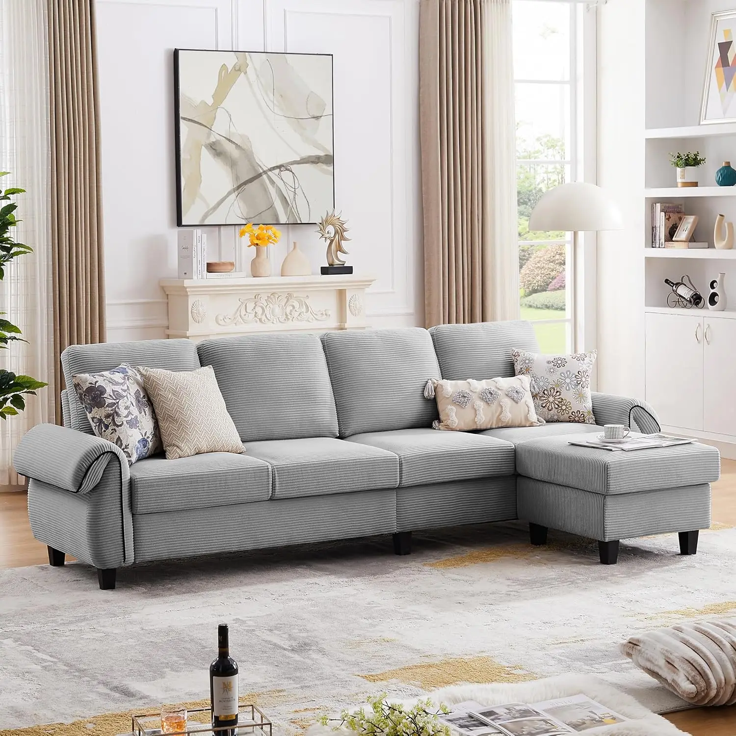 

112" Convertible Sectional Sofa Couch, 4 Seater L Shaped with Reversible Chaise, Modern Microfiber Couches for Living Room