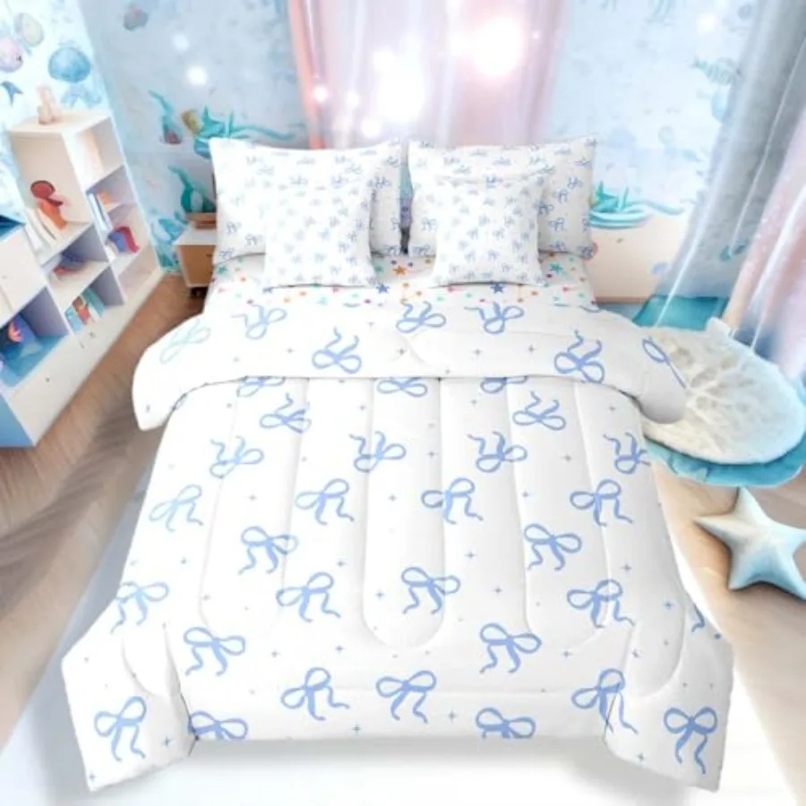 

Bow Comforter Set Size 7 Pieces Teen Girl Cute Bow Bedding Set with Sheets Girly Trendy Bows Bed in A Bag with Flat Fitted Shee