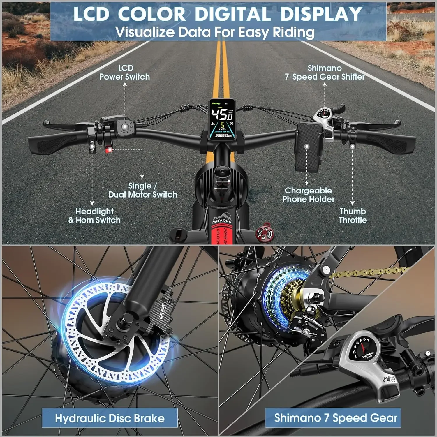 دراجة كهربائية بمحرك مزدوج 3000 وات للبالغين بطارية 52V23AH طويلة المدى 80 ميلًا عالية السرعة 37 ميجا في الساعة 26 بوصة دراجة كهربائية بإطارات عريضة