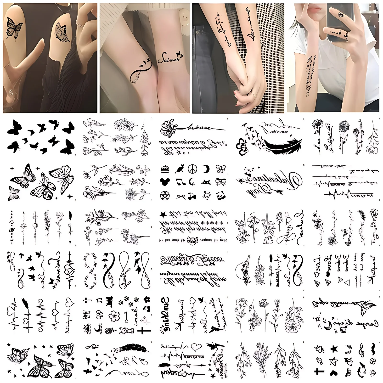 30pcs/lot Tattoos Adhesive Plain Flower Butterfly Electrocardiogram Quote Tiny Moon Star Bow Temporary Tattoo for Girls Boys Arm