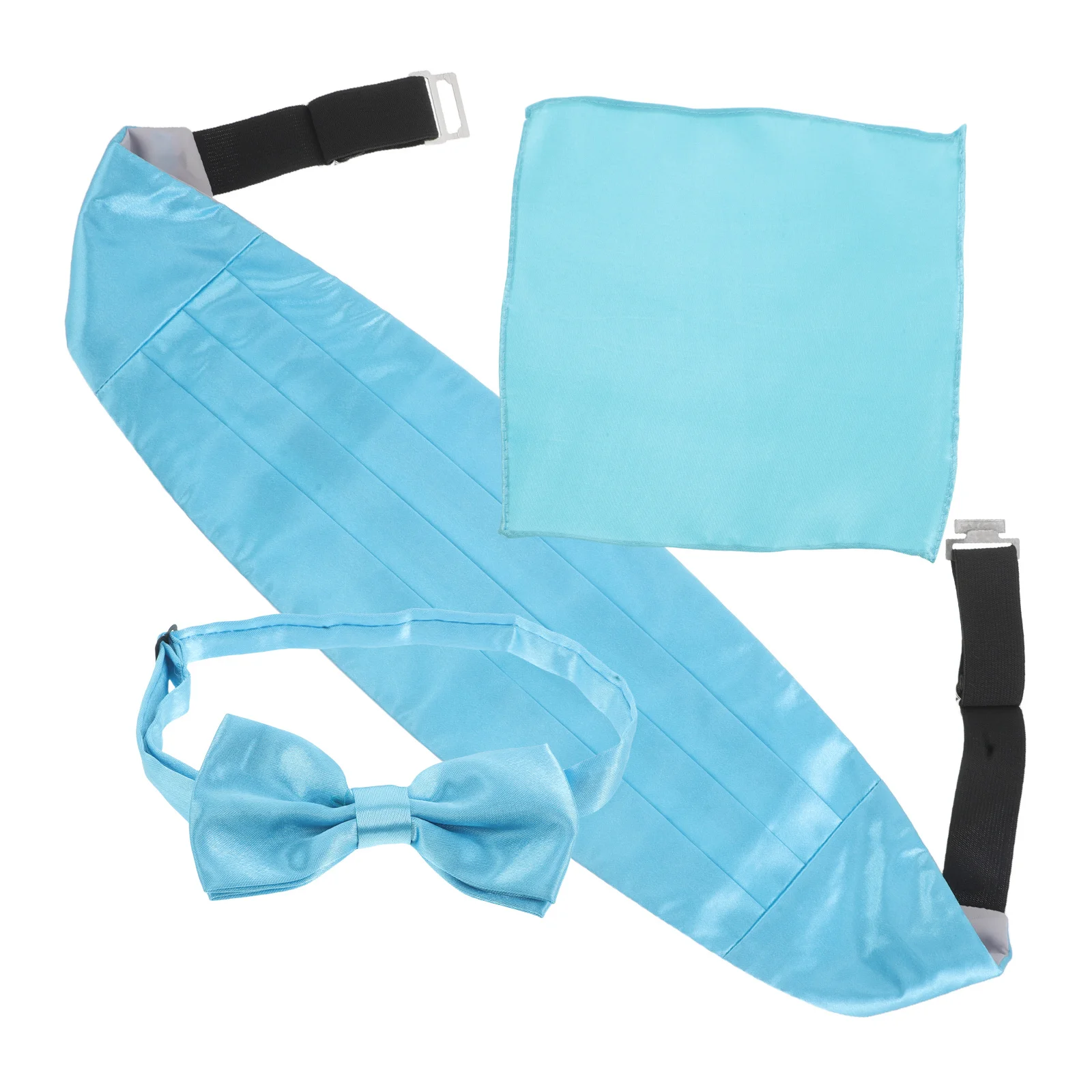 1Set Men Formal Cummerbund Bow Tie Set Blue Solid Pre-Tied Bow Tie Pocket Square Wedding Party Tuxedo Accessory