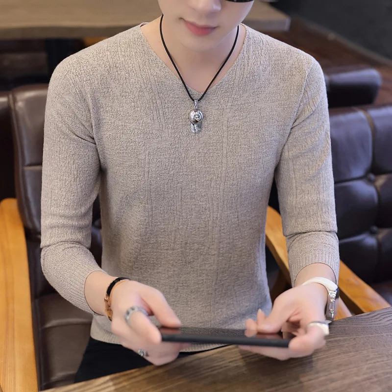 Camisola fina masculina primavera e outono nova camisa manga longa cor sólida moletom base camisa na moda topo