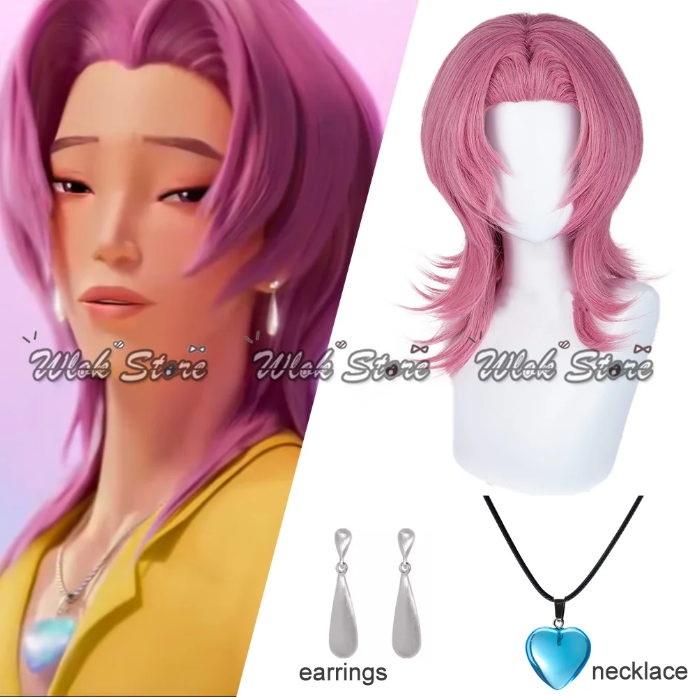 Saja Jungen Romantik Cosplay Perücke Ohrringe Halskette KPop Dämon Jäger Cosplay Rosa Perücke Haar Männer Frauen Halloween Party Karneval Prop
