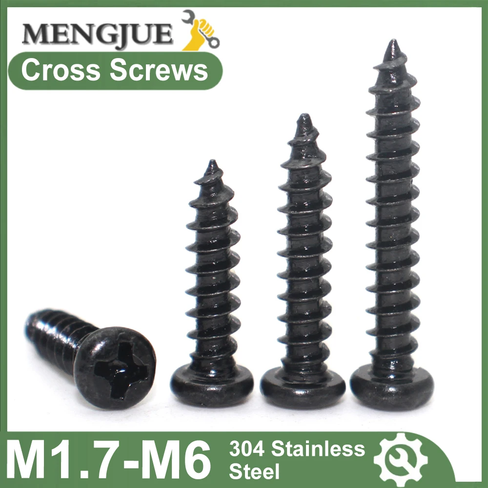 5 ~ 80pc M1.7 M2 M2.3 M2.6 M3 M3.5 M4 M5 M6 Mini petit noir 304 acier inoxydable croix Phillips tête ronde vis à bois autotaraudeuses
