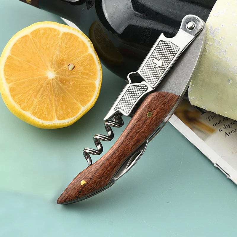 Wooden Wine Beer Bottle Opener Corkscrew Multifunction Stainless Steel Portable Screw Corkscrew Wine Bottle Opener Kitchen Tools