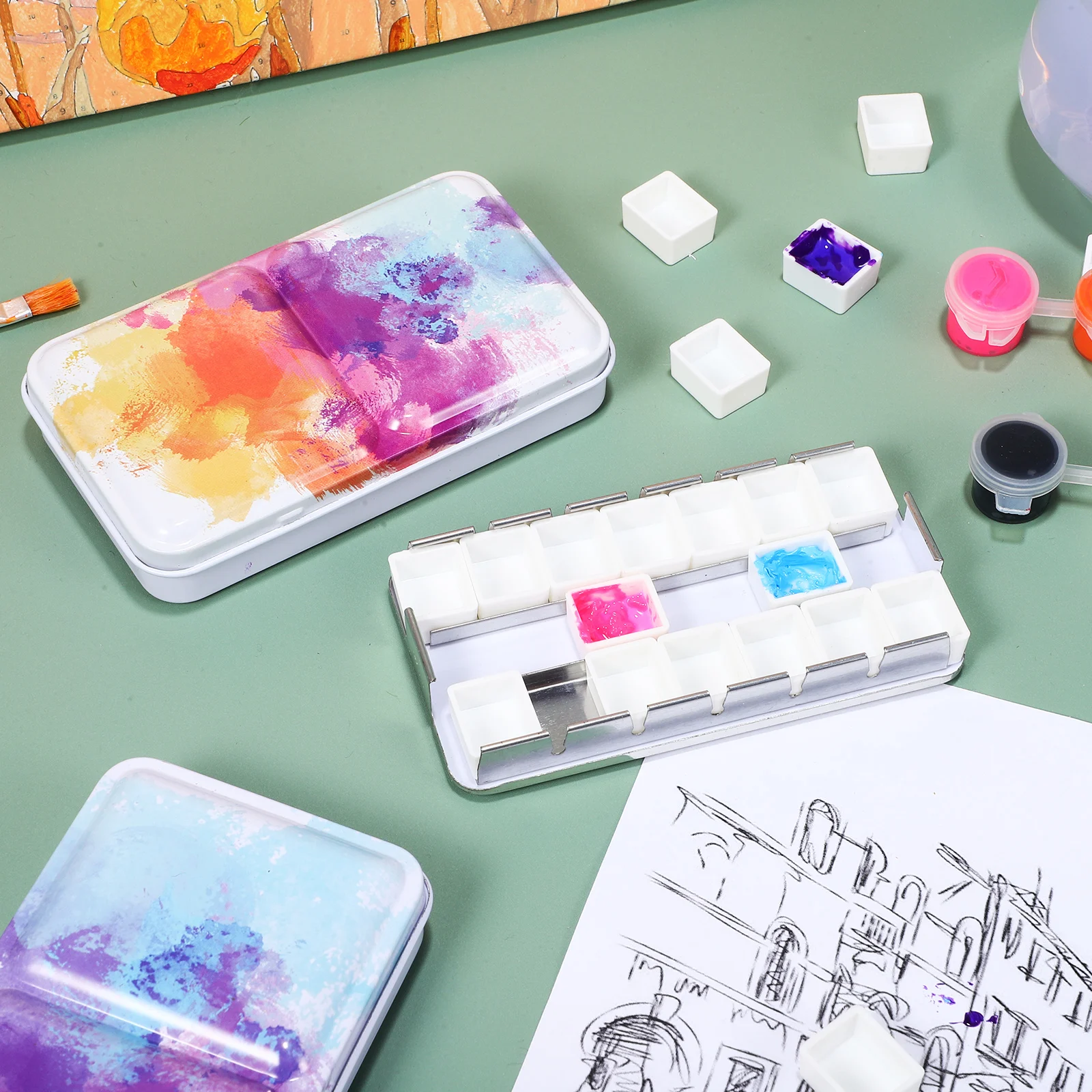 1 set 1 Set Watercolor Palette Portable Empty Paint Box Tin With Grids Mixing Space Sturdy Iron Travel Case For Pigments