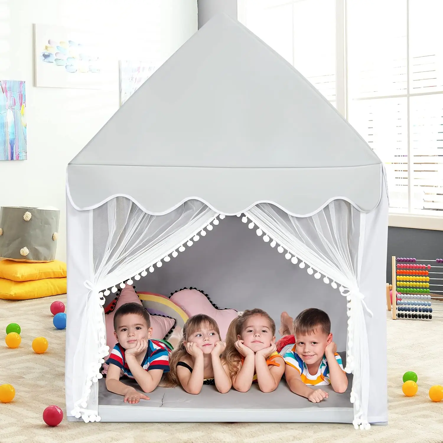 

Indoor Playhouse for Kids, Children Play Castle Fairy Tent w/Large Comfortable Mat, Breathable Curtain & Windows, Rooftop Style