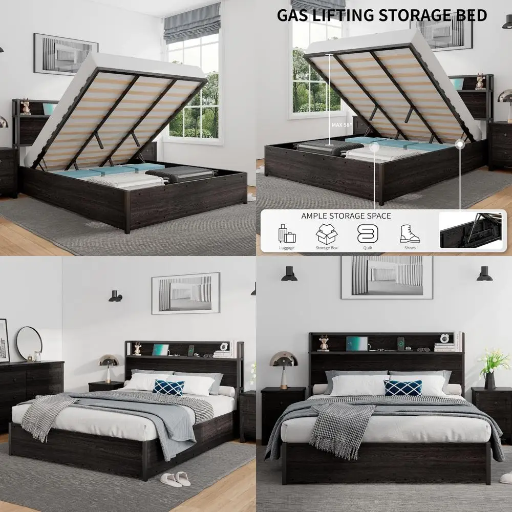 Queen Size Storage Bed with Lift-Up Platform and Charging Station, Wood Headboard, No Box Spring Needed