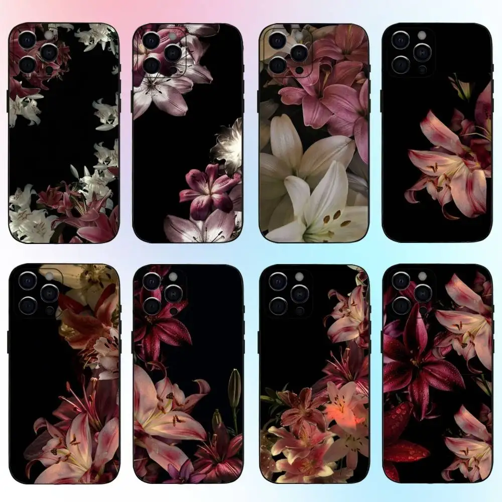 حافظة هاتف أنيقة على شكل زهرة الزنبق الأحمر لهاتف iPhone17,16,15,14,13,12,11 Plus، Pro Max غطاء أسود ناعم