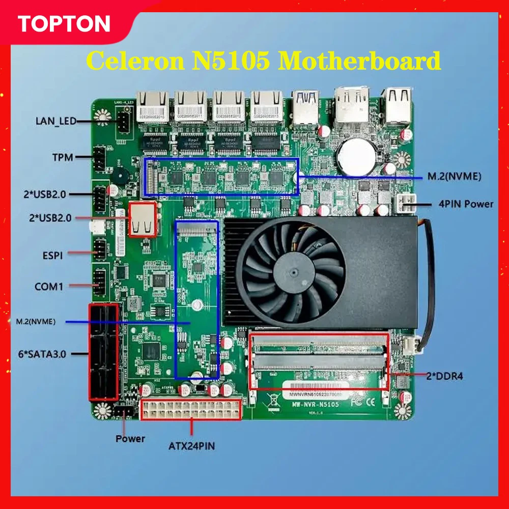 

Topton NAS Motherboard N5105 4x Intel i226-V 2.5G LAN Dual M.2 NVMe 6*SATA3.0 2*DDR4 HDMI2.0 DP Mini ITX 17x17CM Soft Routing