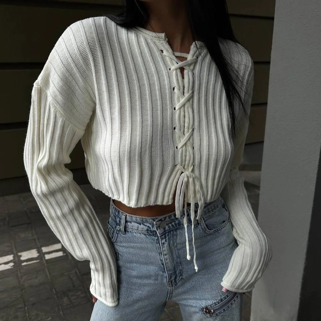 Весенне-осенний новый женский свитер с длинными рукавами на бретелях, кардиган, короткий нишевый топ для ленивого и свободного дизайна